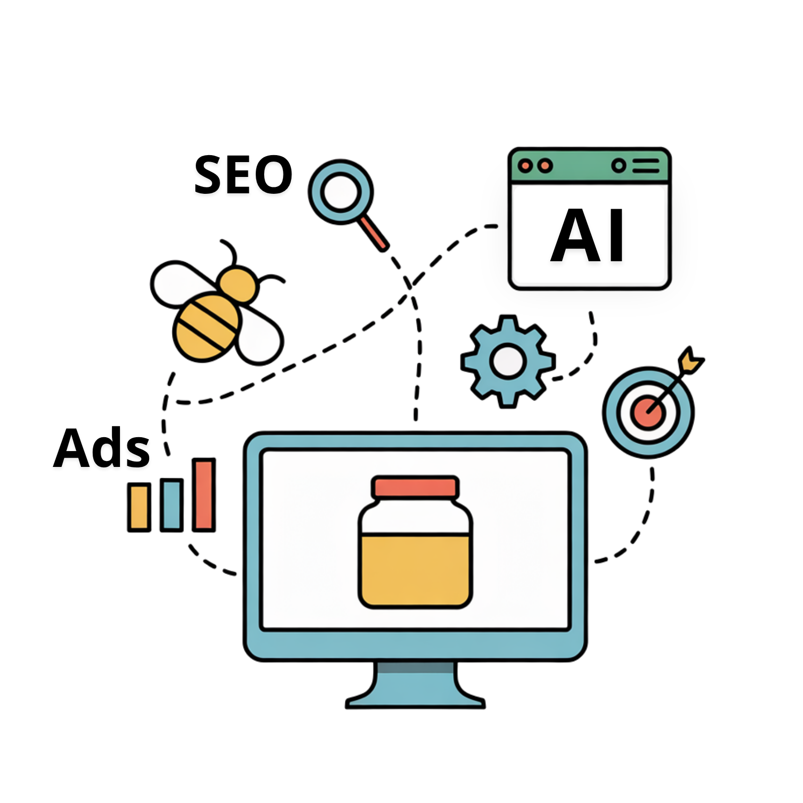 An illustration of digital health technology featuring a computer monitor, icons representing AI, a magnifying glass, a gear, a target with an arrow, and a bee, symbolizing artificial intelligence, research, settings, SEO, and AEO.