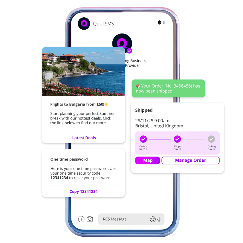 Smartphone screen displaying a messaging app with order updates, travel deals, and a one-time password.