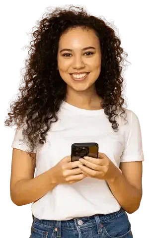 Smiling woman with curly hair holding a smartphone