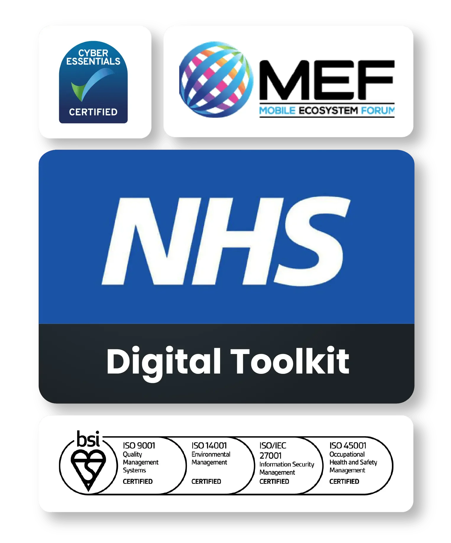NHS Digital Toolkit with logos from Cyber Essentials, Mobile Ecosystem Forum, and various ISO certifications.
