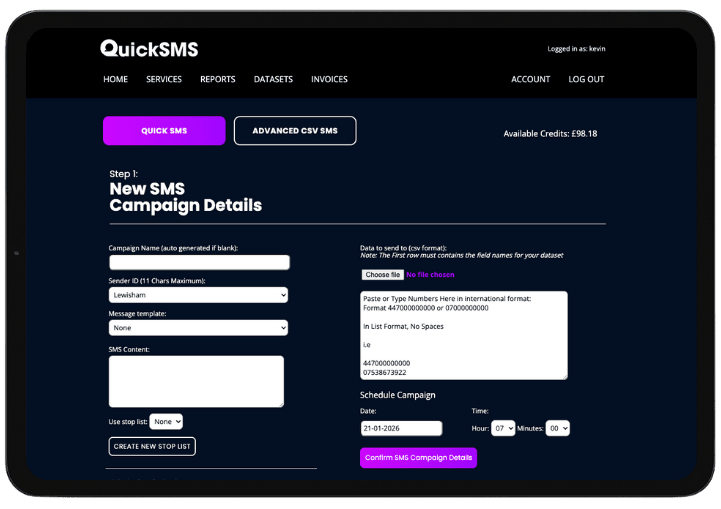 Screenshot of a computer screen displaying the QuickSMS software interface for creating SMS marketing campaigns. The interface includes options for entering campaign details, sender ID, message content, scheduling, and the ability to confirm the campaign.
