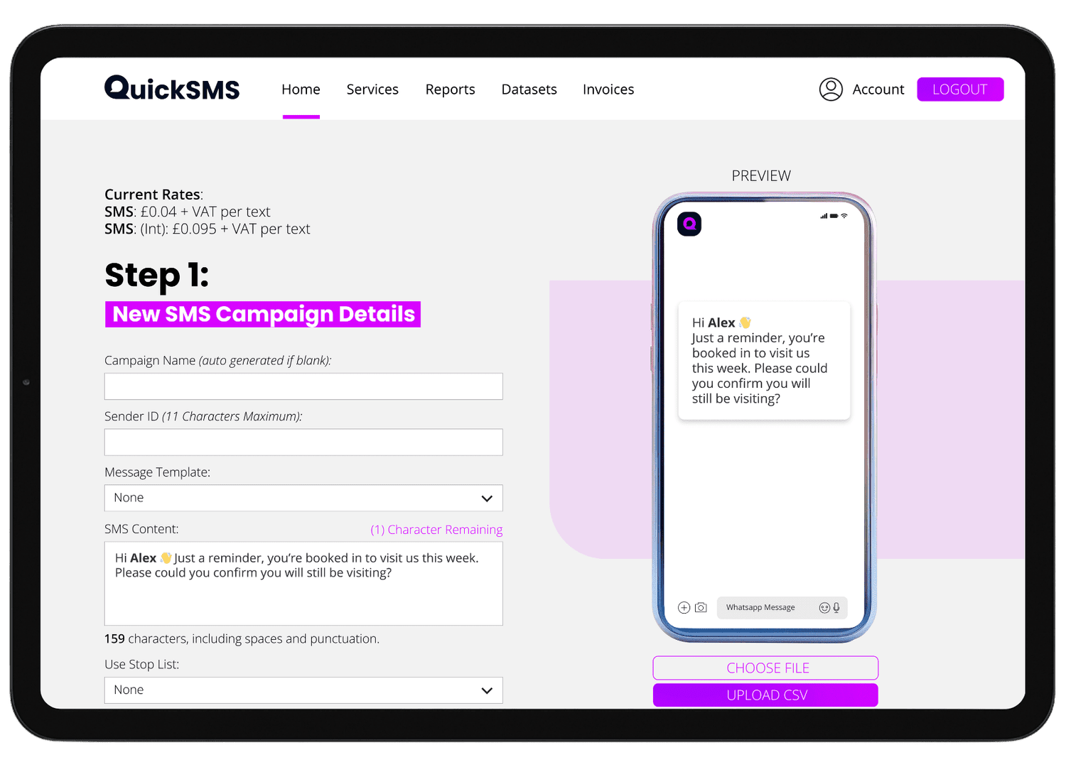 Screenshot of a website named QuickSMS showing steps to create a new SMS campaign, with form fields for campaign name, sender ID, message template, SMS content, and options to choose a file or upload CSV. An example SMS message on the right side of the screen reads: 'Hi Alex 🙋‍♂️ Just a reminder, you're booked in to visit us this week. Please could you confirm you will still be visiting?'