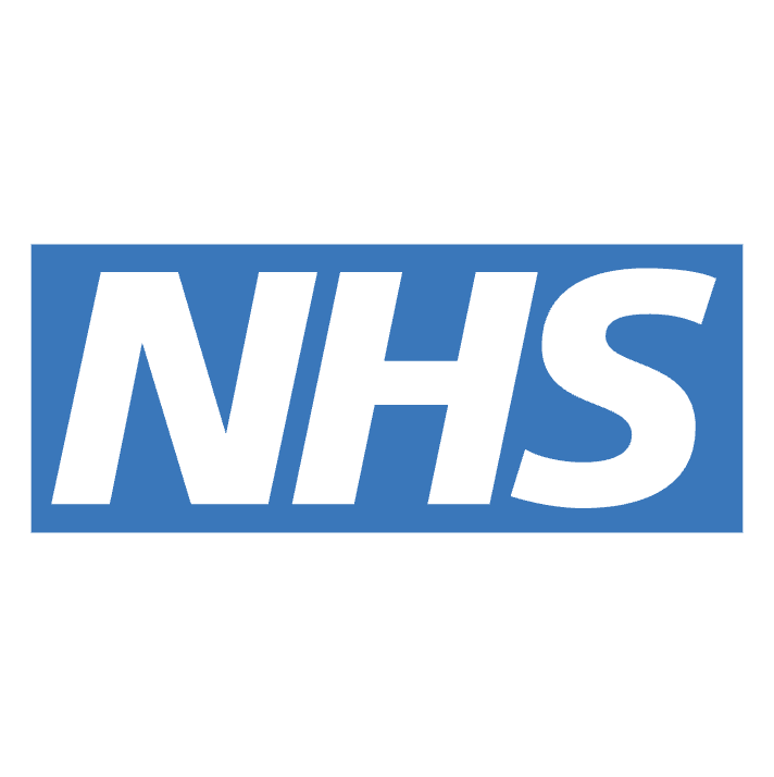 NHS logo with white letters on a blue background.