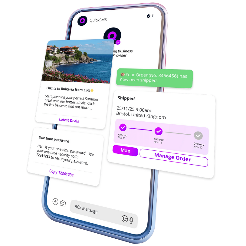 A smartphone screen displaying a messaging app with notifications and order updates, including a shipping confirmation, order details, and a promotional travel offer with a scenic photo of the Bulgarian coastline.