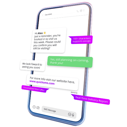 A smartphone screen showing a text message conversation with reminders about a visit, links, and highlighted features like emojis, short URLs, real-time delivery report, and character count for messages.