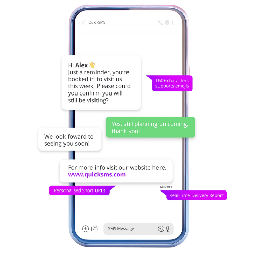 Smartphone screen showing a text message conversation with quick SMS, including a reminder message, a reply confirming plans, and links to a website and reports. Supports emojis, personalized short URLs, and real-time delivery report.