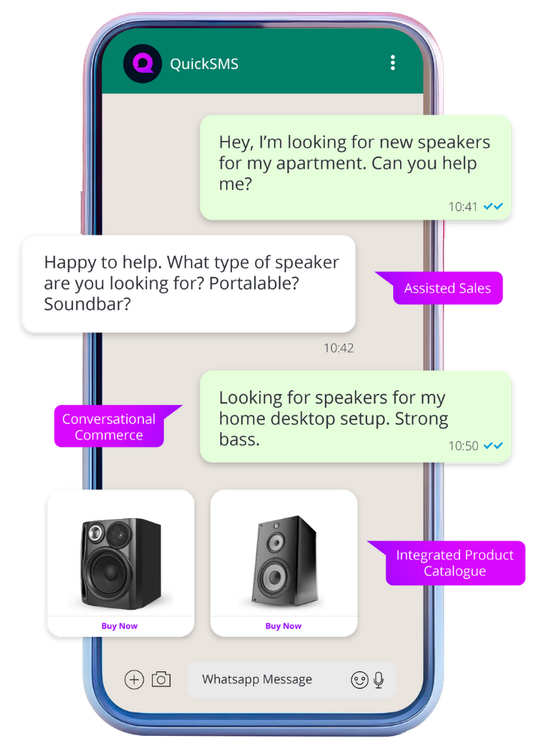A smartphone screen displaying a WhatsApp chat about home speakers, with images of two speakers and labels such as 'Buy Now' and tags like 'Assisted Sales', 'Conversational Commerce', and 'Integrated Product Catalogue'.