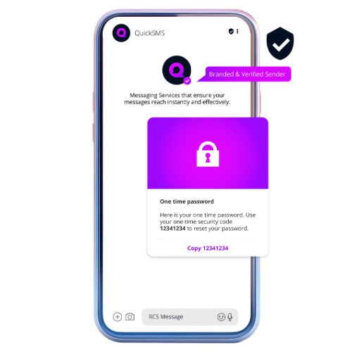 Smartphone displaying QuickSMS app with a message about one-time password, showing a purple lock icon, a security code, and a 'Copy' button.
