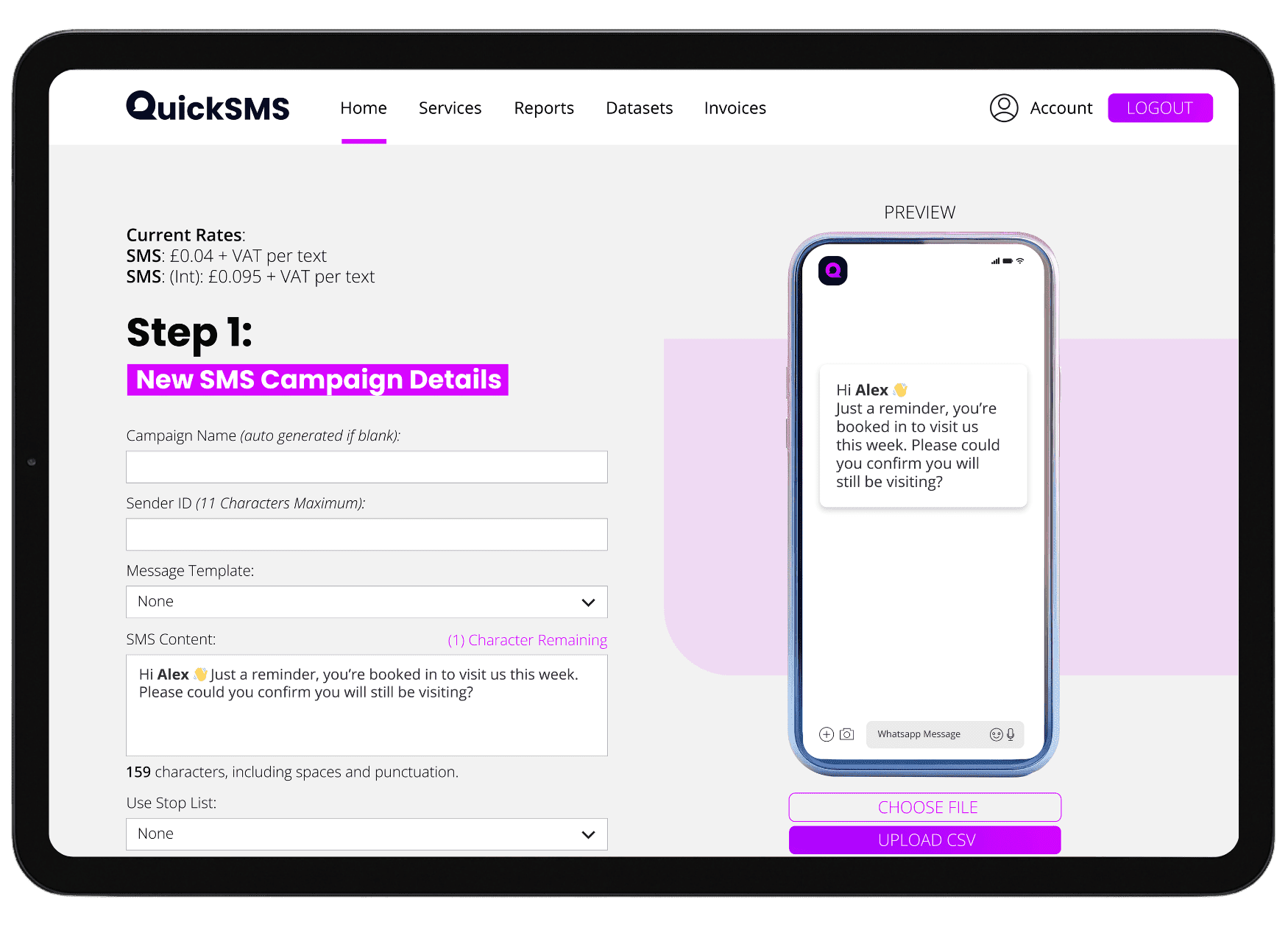 Screenshot of a web interface for QuickSMS showing options for creating a new SMS campaign, including input fields for campaign name, sender ID, message template, and SMS content, with a preview of a WhatsApp message on a smartphone screen that reminds Alex of a visit confirmation.