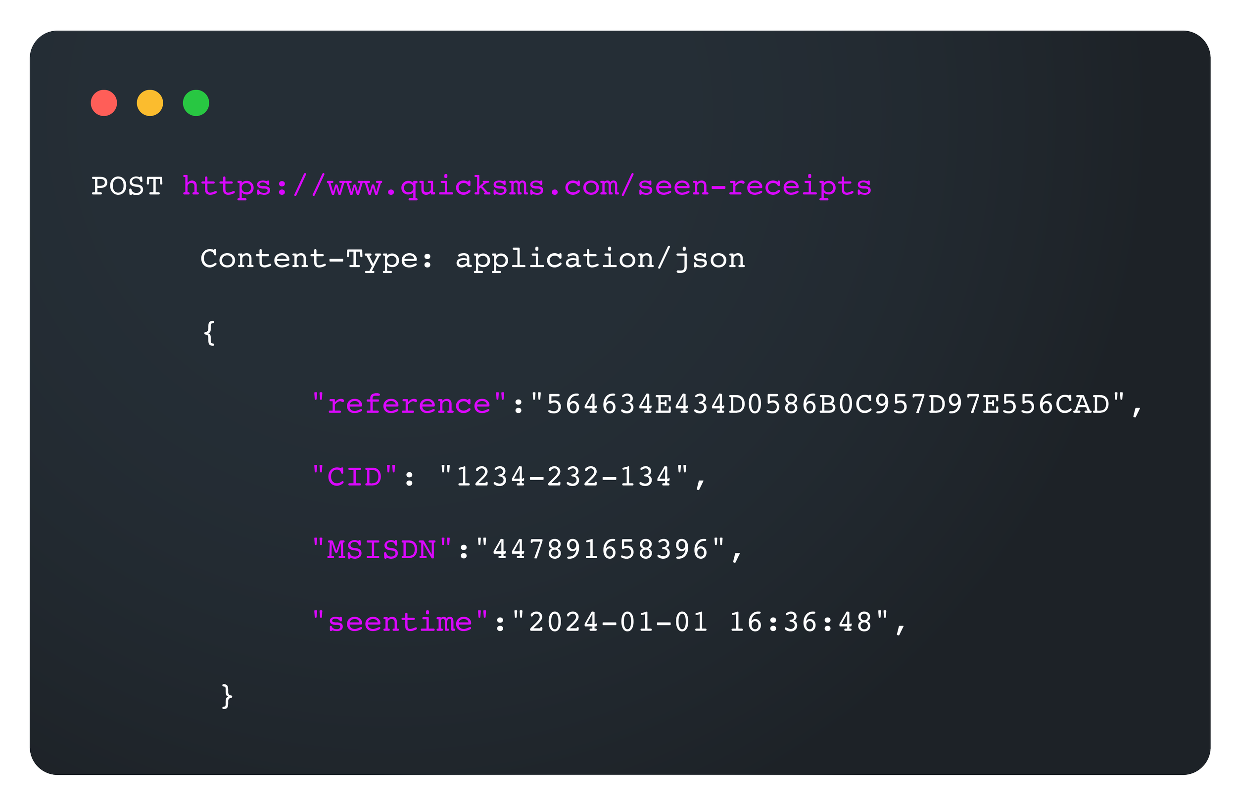 A computer screen displaying a JSON POST request to a URL, with headers and JSON body containing references, CID, MSISDN, and seentime data.