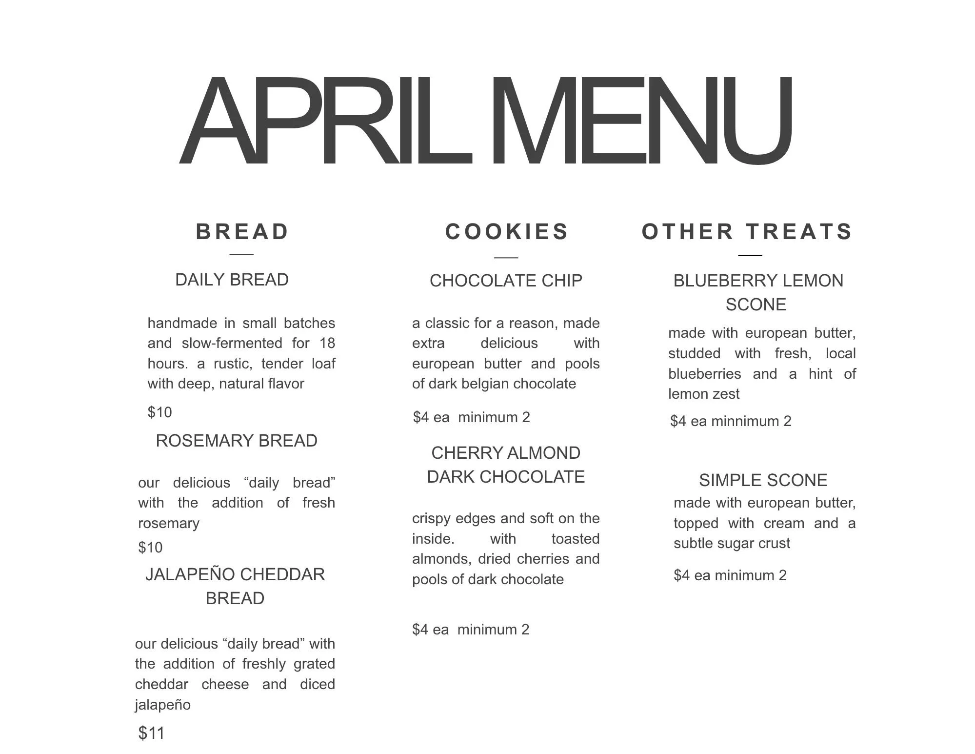 April menu featuring bread options, cookies, and other treats such as blueberry lemon scones and simple scones.