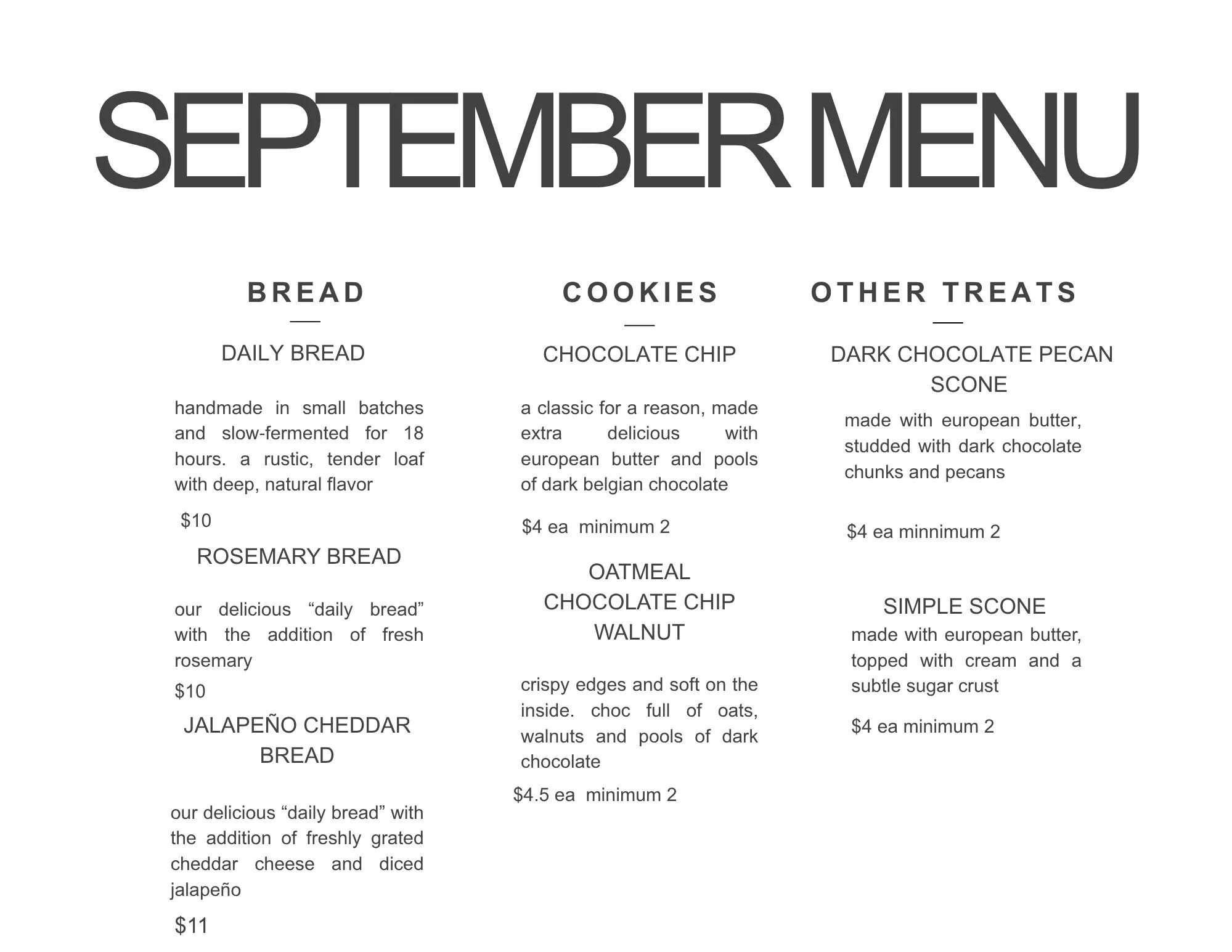 September menu for a bakery featuring bread, cookies, and other treats with descriptions of each item and prices.