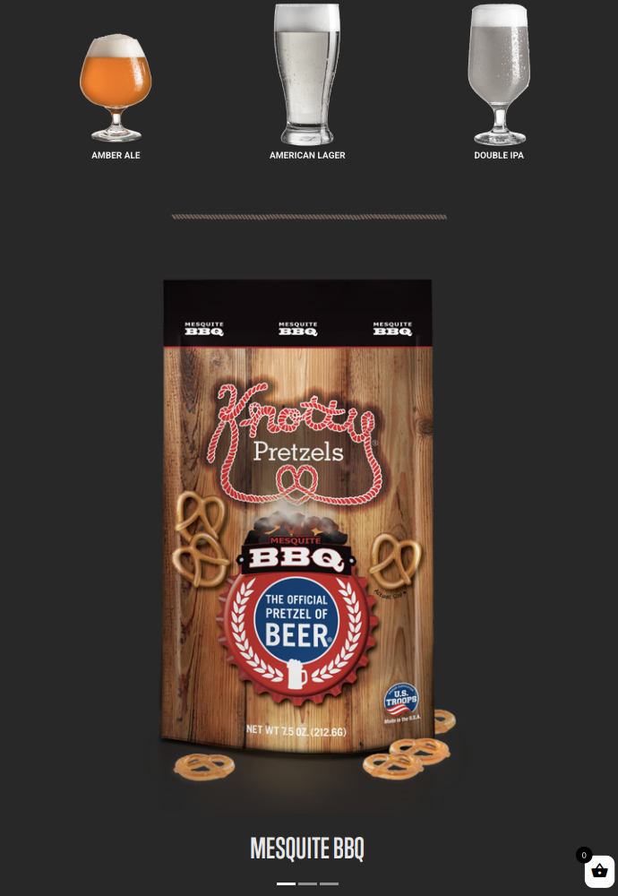 Three types of beer glasses with beers and labels, pretzels on a wooden background, and a bag of Mesquite BBQ pretzels with a patriotic and military-themed design.