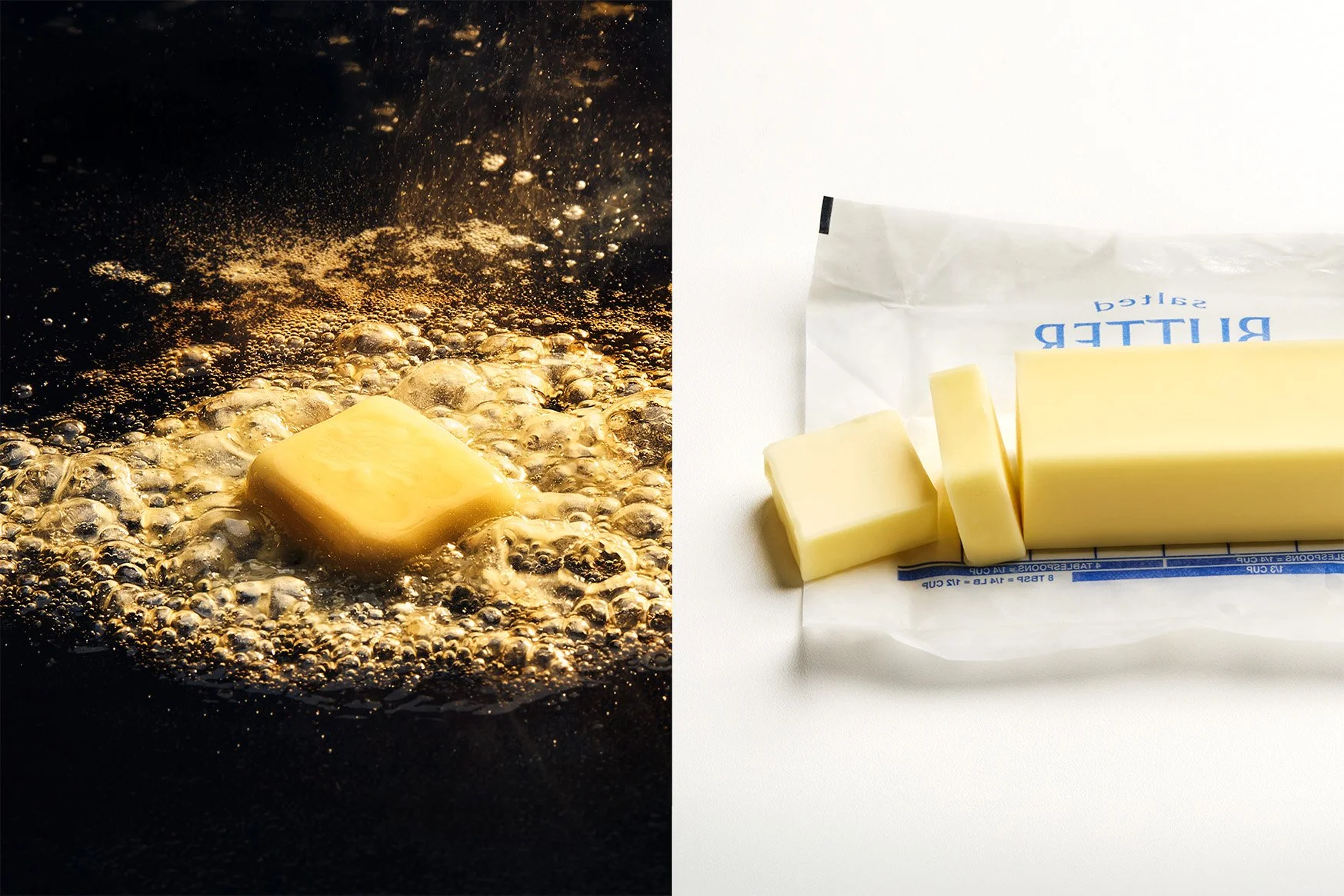 A slice of butter melting in bubbling hot oil on the left, and a package of butter with additional slices on the right.