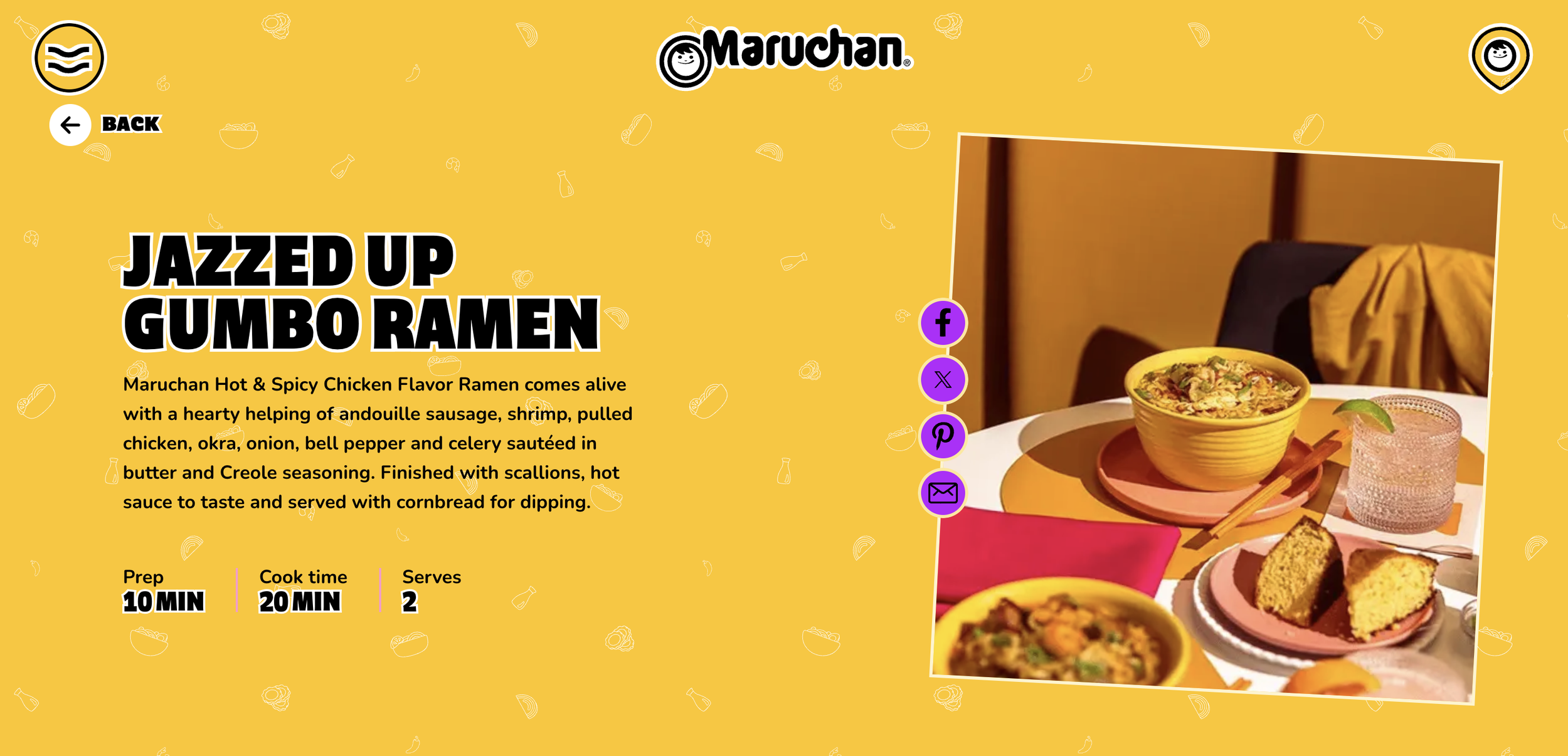 A yellow background with a photo of a bowl of ramen, a glass with a beverage, and a slice of cornbread on a table. The ramen appears to be garnished with vegetables and meat.