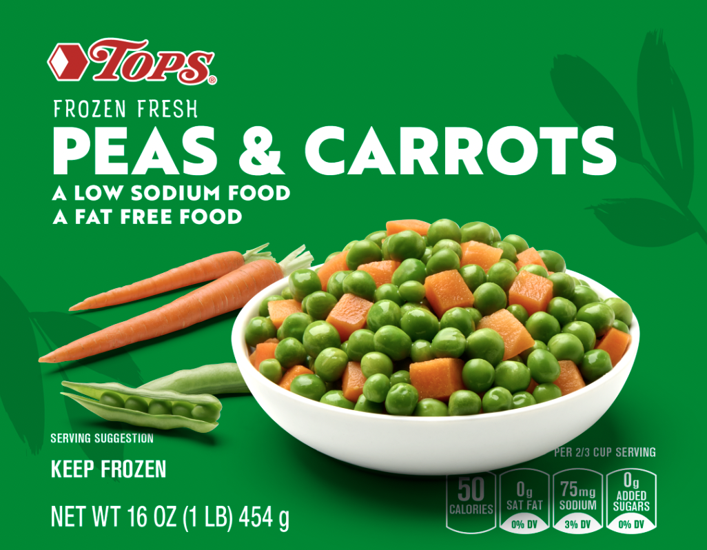 Green packaging of Tops frozen fresh peas and carrots with a bowl of peas and carrots and fresh carrots and peas on the cover.