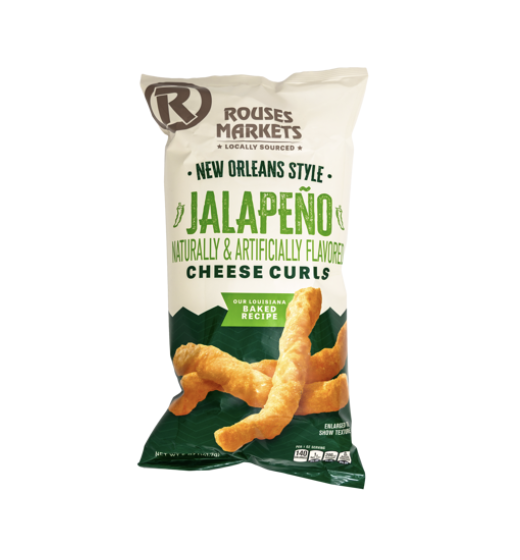 A bag of Rouses Markets New Orleans style jalapeño cheese curls, flavored with natural and artificial ingredients, and featuring an image of cheese curl snacks.