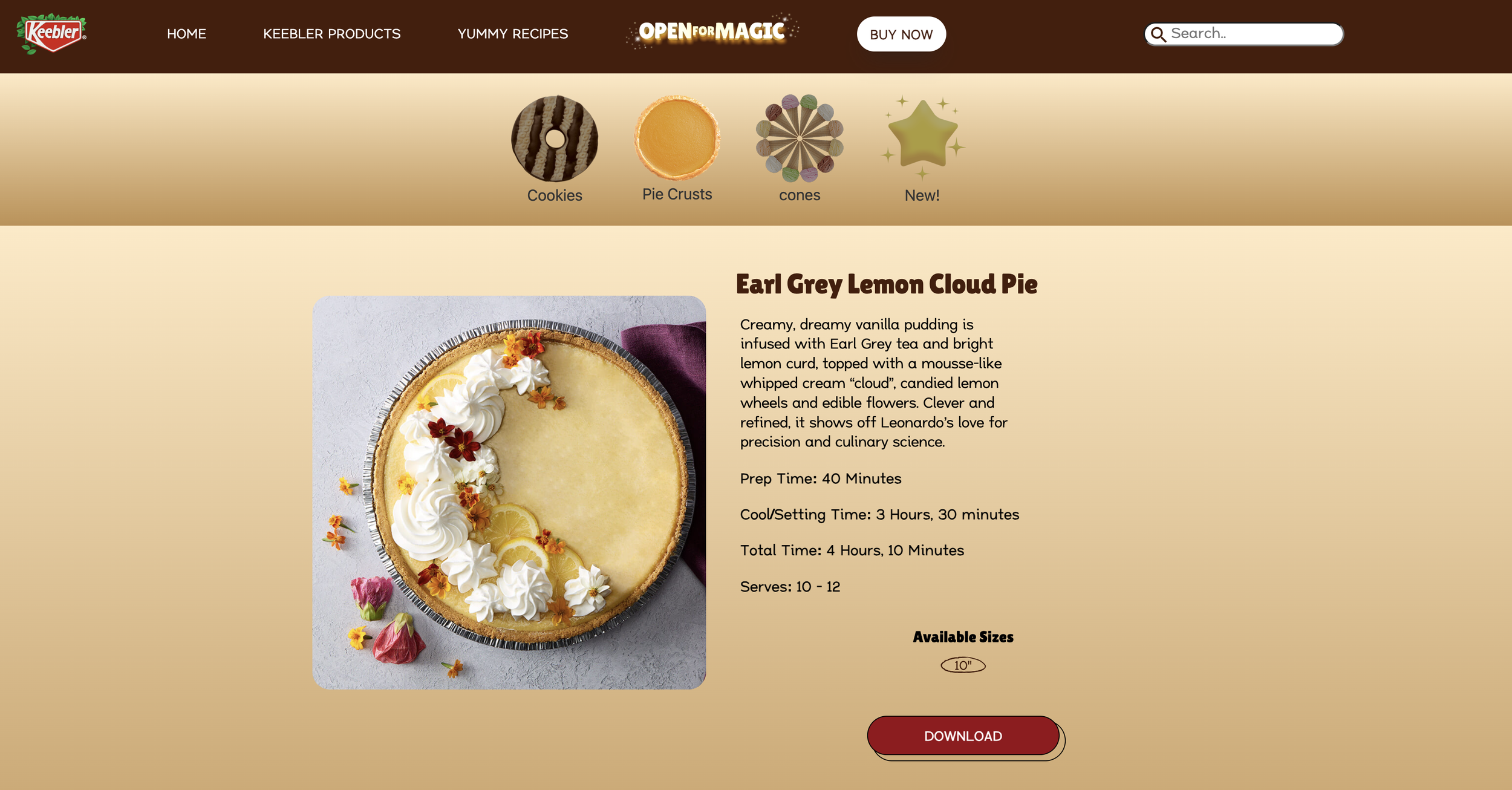 A lemon cloud pie with a pale yellow filling, topped with whipped cream, edible flowers, lemon slices, and decorative lemon curd, presented on a round metal tart pan.