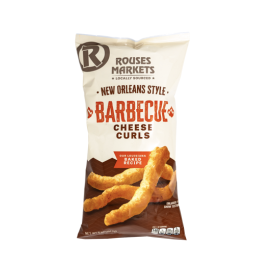 Bag of Rouses Markets Barbecue Cheese Curls snack chips with an image of cheese curls on the front.