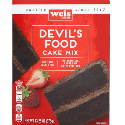 Box of Weis Devil's Food Cake Mix with images of a slice of cake and strawberries, and text indicating it's made with eggs and oil, no artificial colors or preservatives.