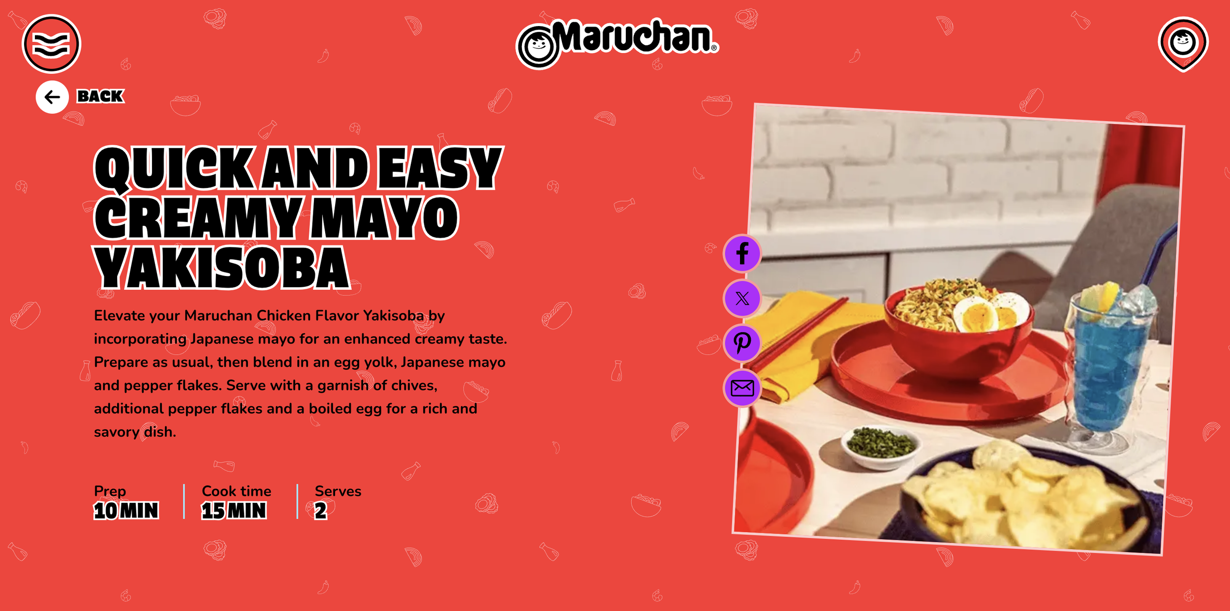 A digital recipe card for Quicker and Easy Creamy Mayo Yakisoba, featuring a photo of a table with bowls of noodles, garnished dishes, a blue drink, and yellow napkins, with a red background and recipe details.