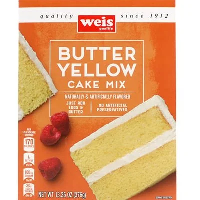 Box of Weis Butter Yellow Cake Mix with slices of yellow cake and raspberries on the front