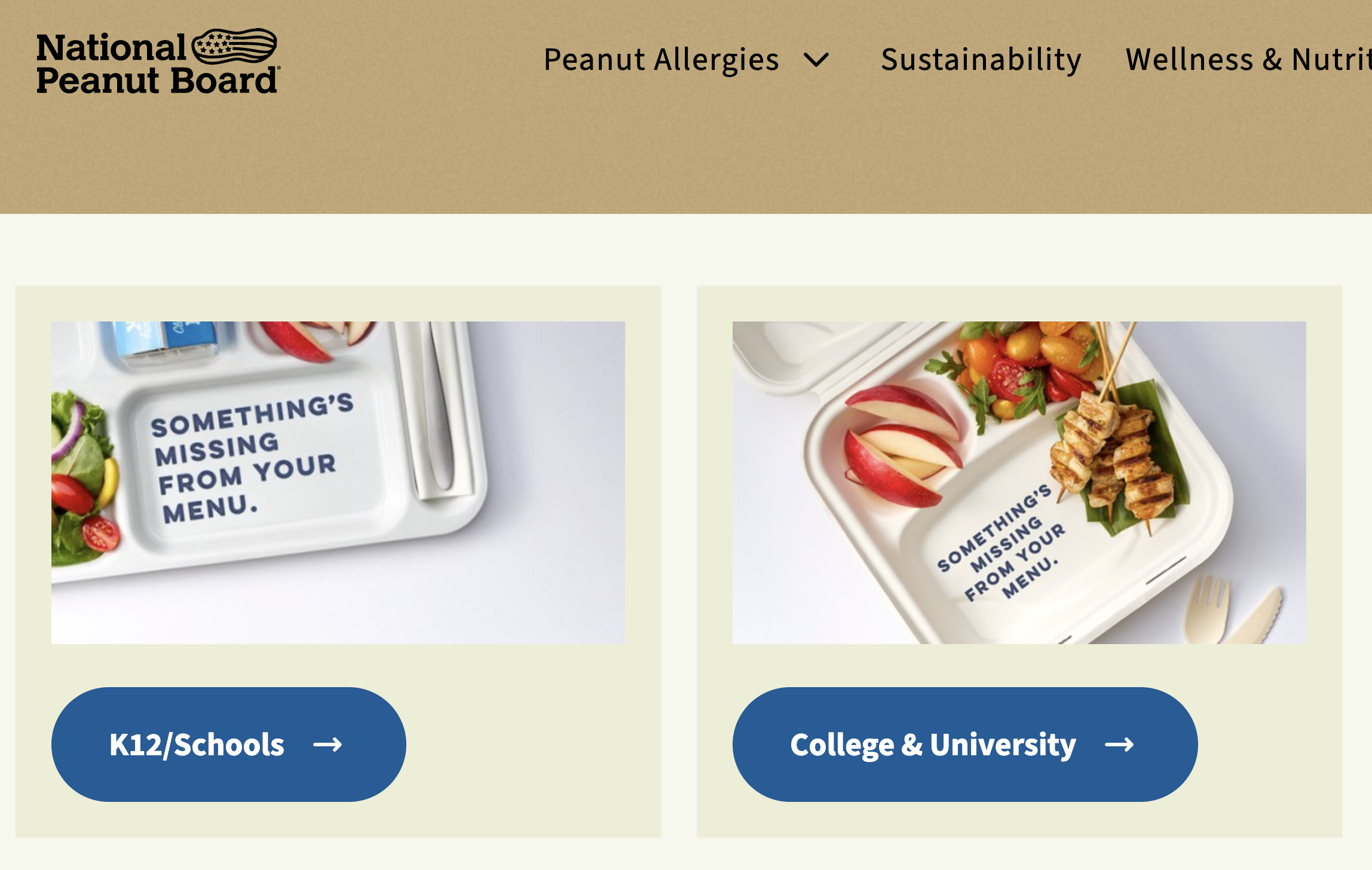 Two lunch trays with the message "Something's missing from your menu" and buttons labeled "K12/Schools" and "College & University."