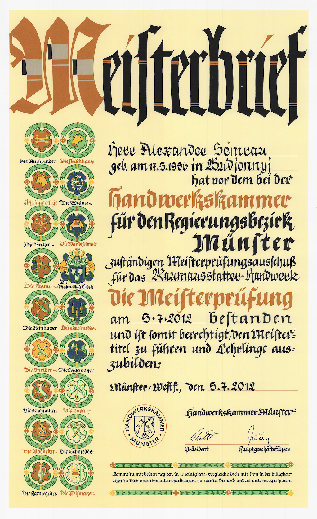 Meisterbrief Alexander Semrau