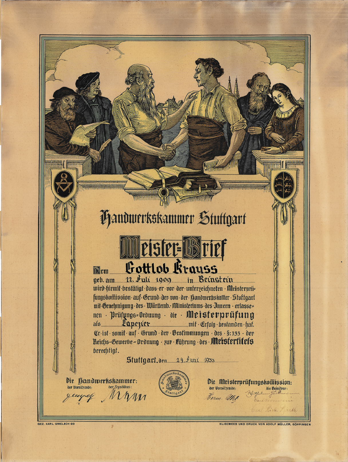 Meisterbrief Gottlob Krauss