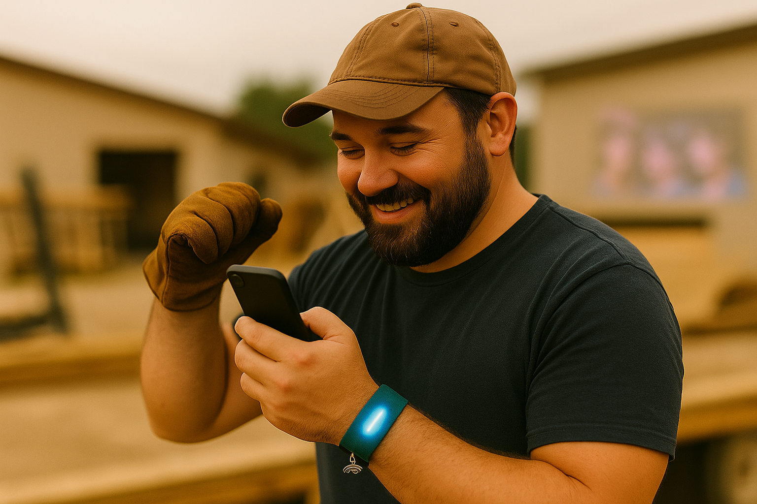 A man with a beard and a brown cap smiling and looking at his phone, wearing a black shirt, a brown work glove on one hand, and a blue fitness tracker on his wrist, in a woodworking shop.