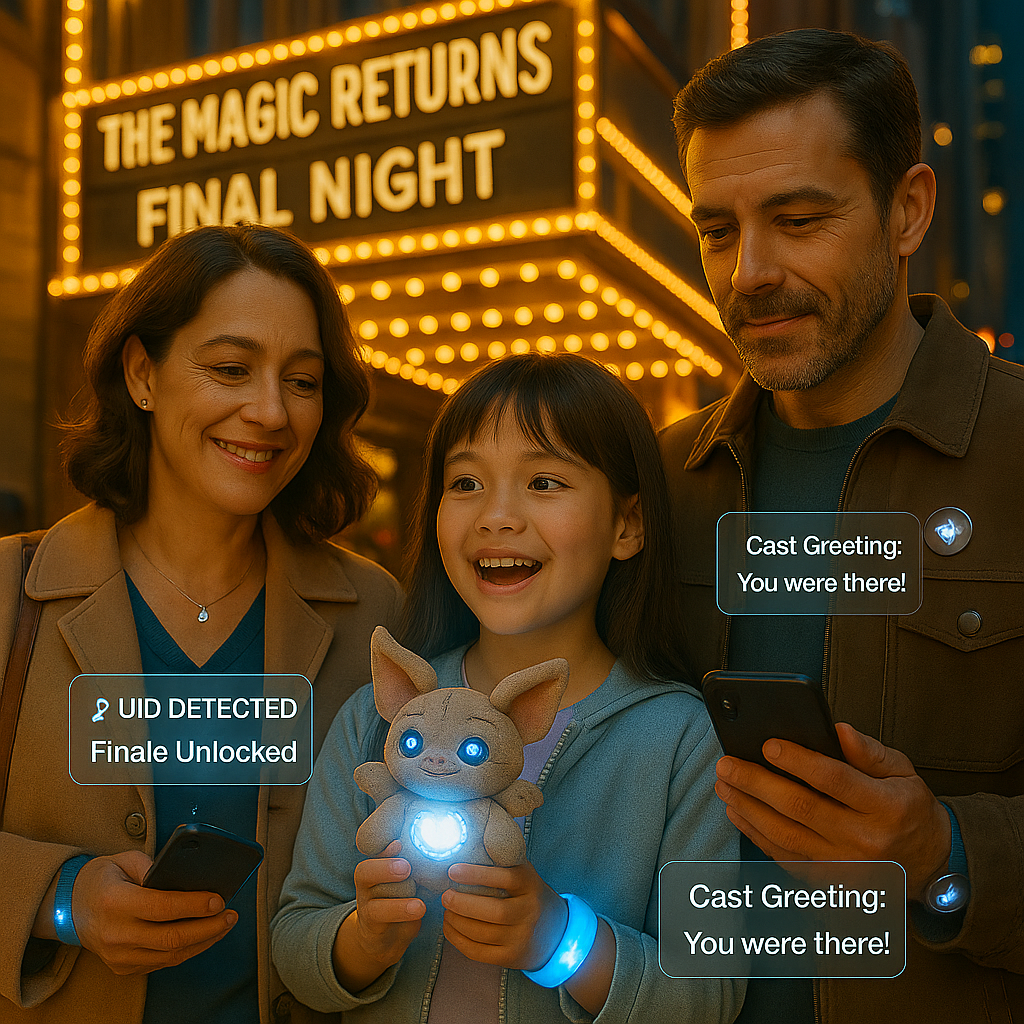 Family of three standing in front of a theater marquee that reads "The Magic Returns Final Night." The girl in the center is holding a glowing plush toy and a smartphone. The mother and father are also holding smartphones. There are digital overlays with notifications indicating a UID has been detected and cast greetings to the user.