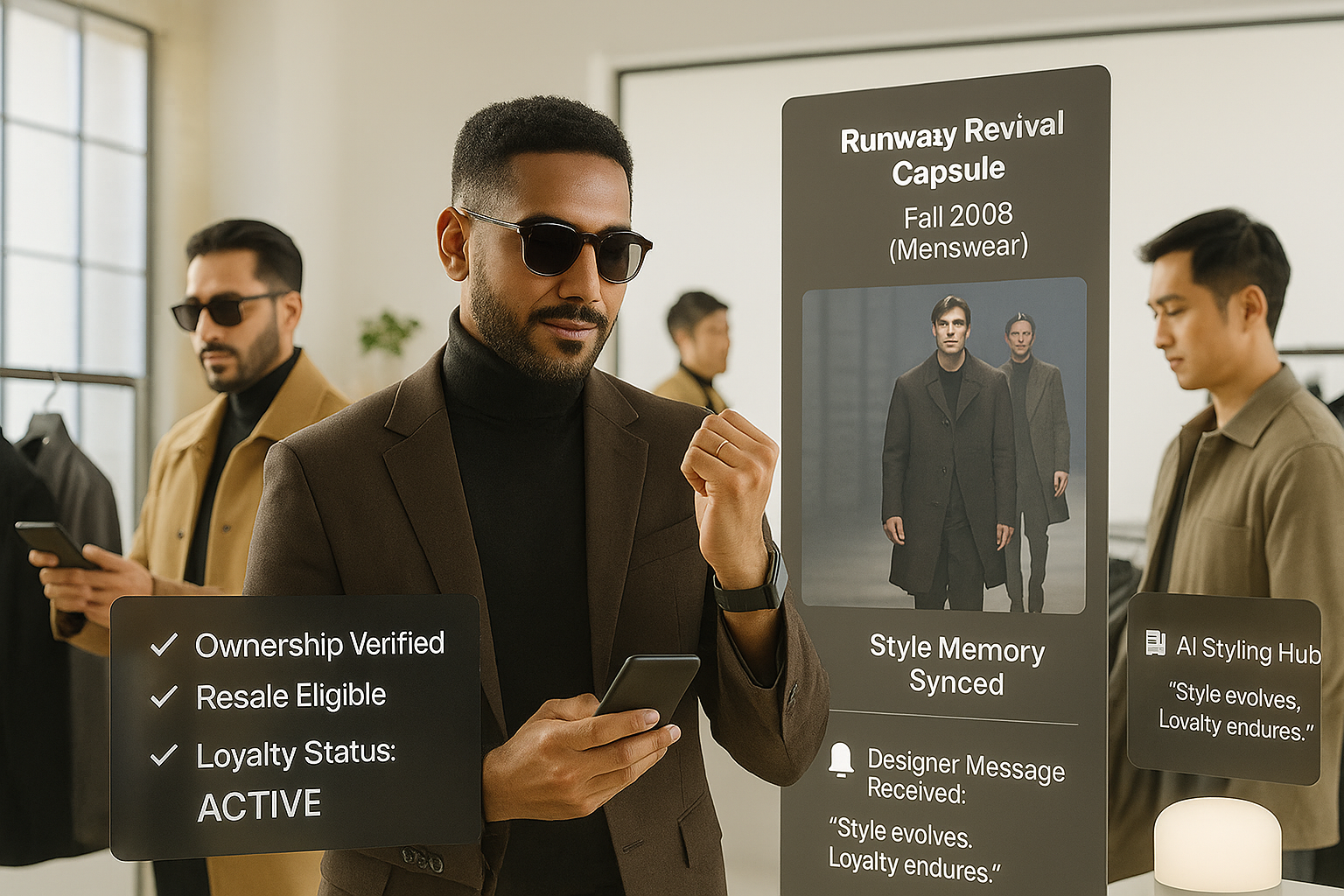 Three men in a retail setting wearing eyeglasses and brown or tan jackets, standing near informational displays about fashion collections, with one man looking at his phone and the others engaged with the displays.