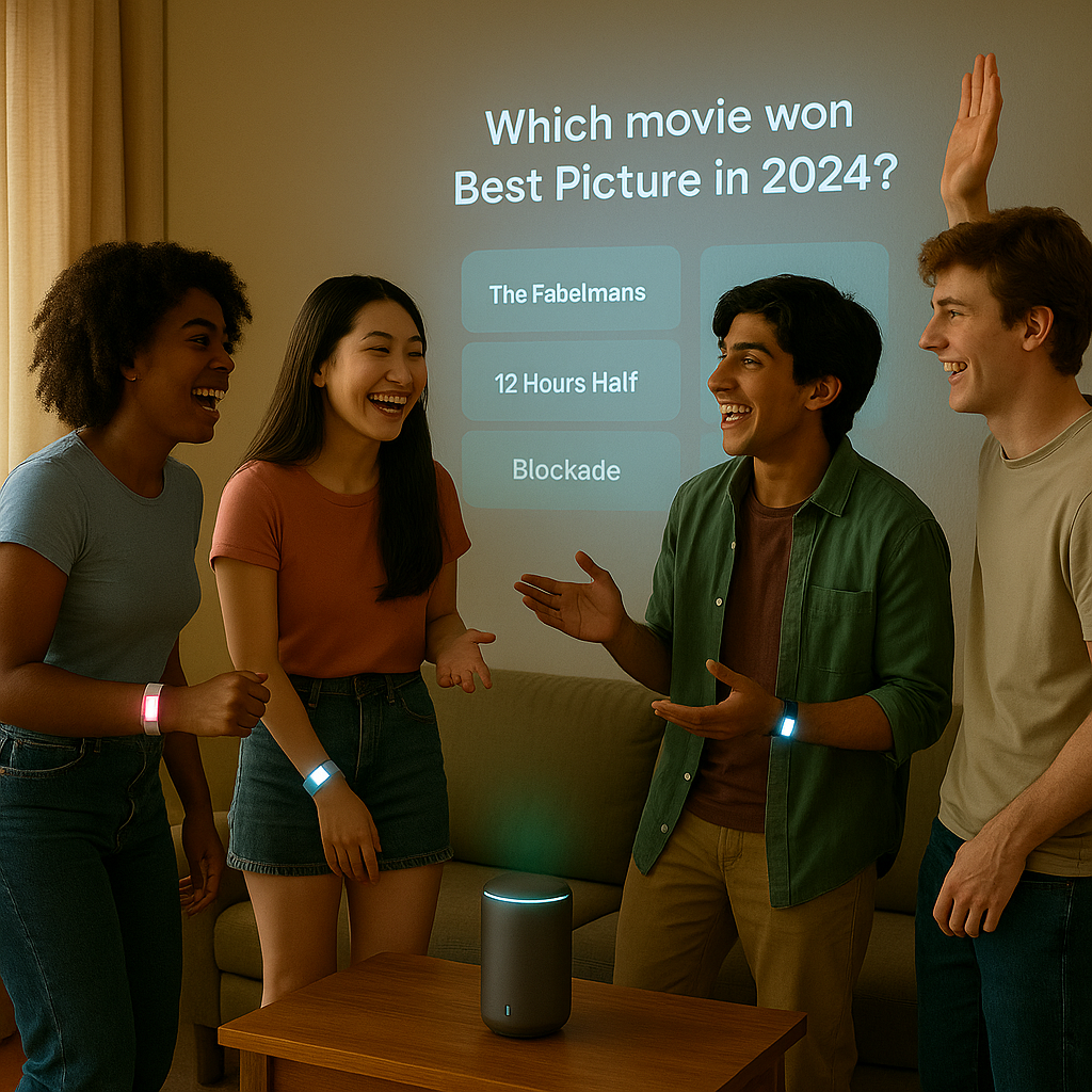 Group of five diverse young adults playing a trivia game on a screen in a living room.
