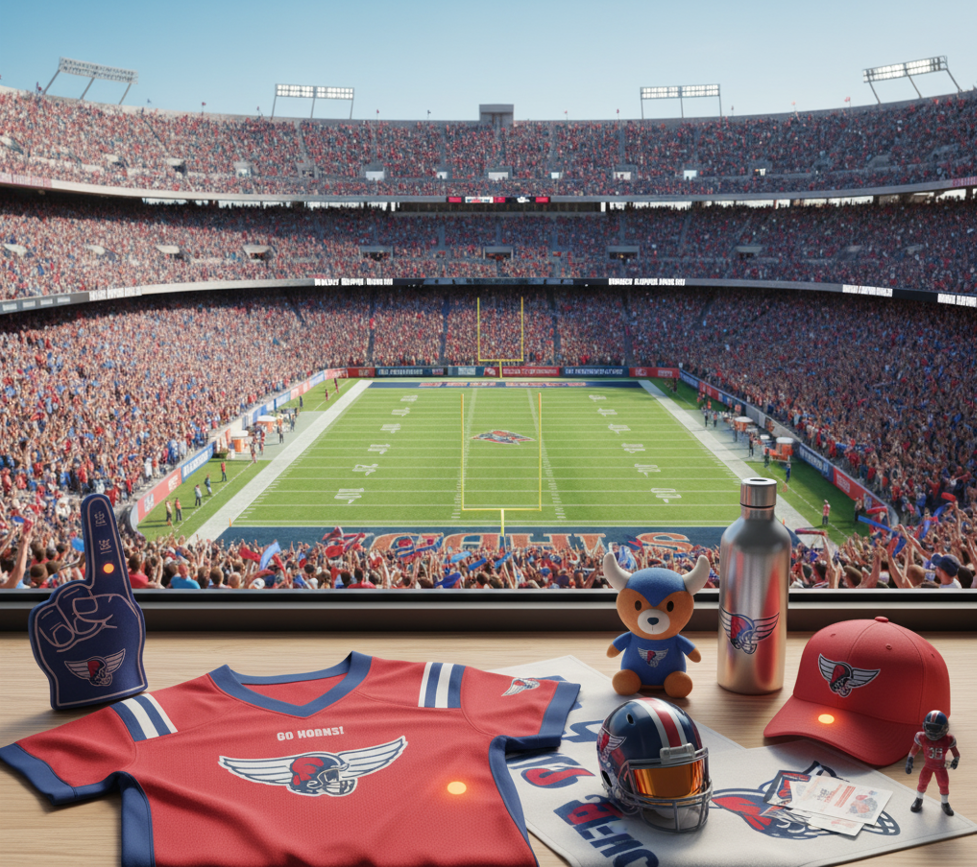 View from a fan's perspective of a football stadium filled with spectators, with the field in the center. On a table in the foreground are a red football jersey with the team logo, a foam finger, a small plush toy, a water bottle, a red cap, a football helmet, a toy figurine, and some papers and photos, all supporting the team branding.