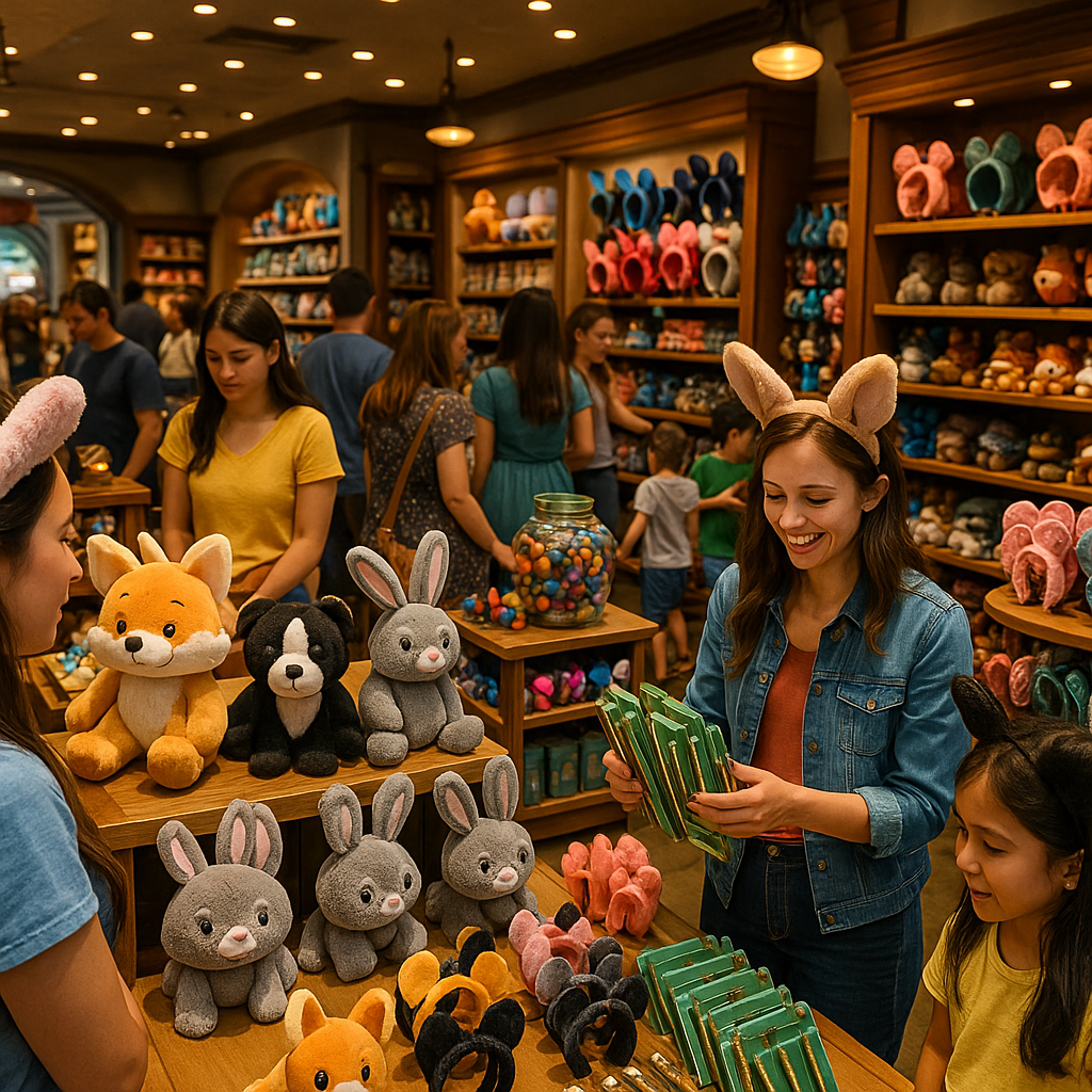 Young woman with bunny ears headband selling plush animal toys, including rabbits, foxes, and mice, at a store in a crowded shopping area.
