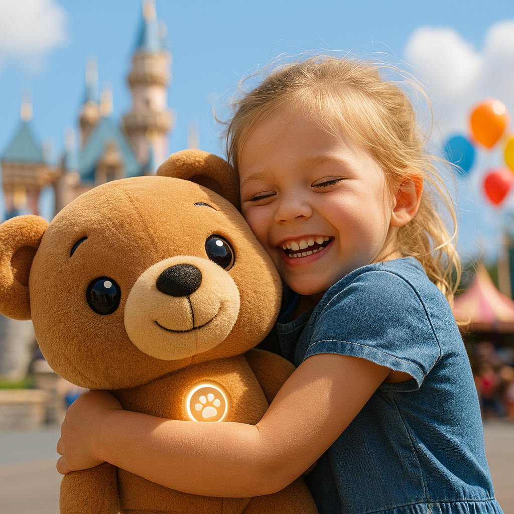 A young girl is hugging a large plush teddy bear at an amusement park, with a castle and colorful balloons in the background on a sunny day.