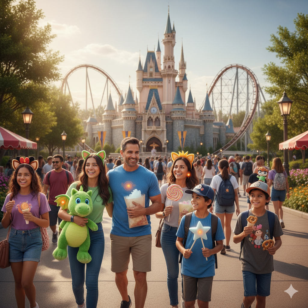 Family enjoying a theme park with rides and souvenirs, highlighting how Fanlayer UID-authenticated products extend memories beyond the trip.