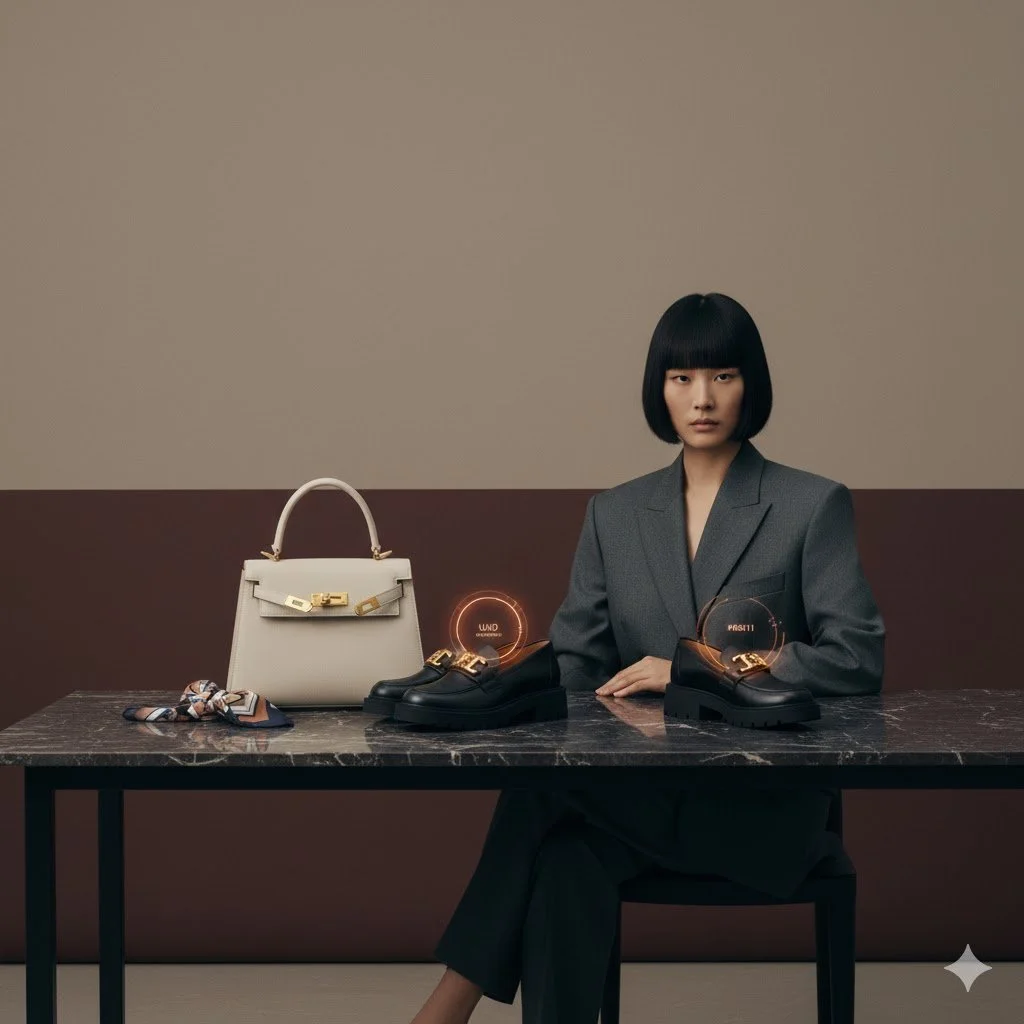 A woman in a gray blazer and black pants sitting at a black marble table with designer accessories, including a handbag, scarf, and shoes, in a minimalist setting.