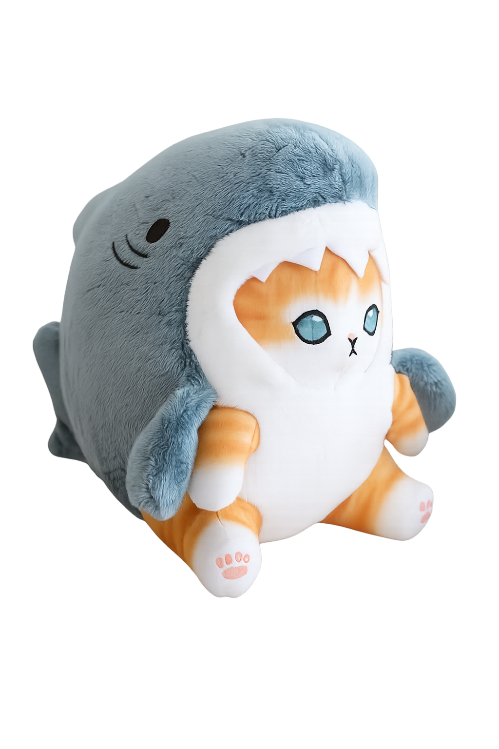 UID-authenticated prototype plushie, orange and white cat in shark costume with embedded tag for product verification.