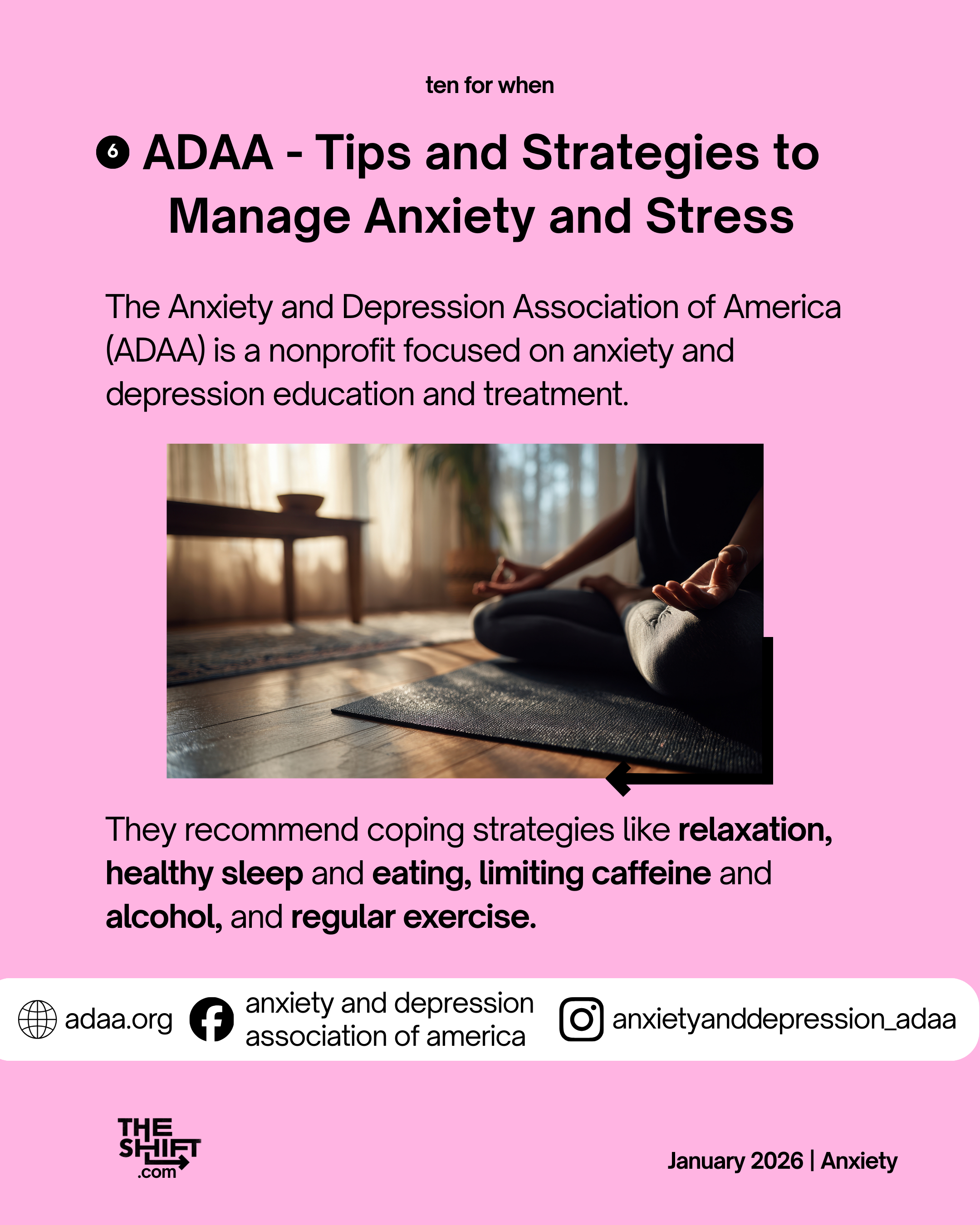 The ADAA, a nonprofit focused on anxiety and depression education and treatment, recommends several strategies for managing anxiety. These include taking breaks, practicing relaxation techniques, getting enough sleep, eating well, exercising, and lim