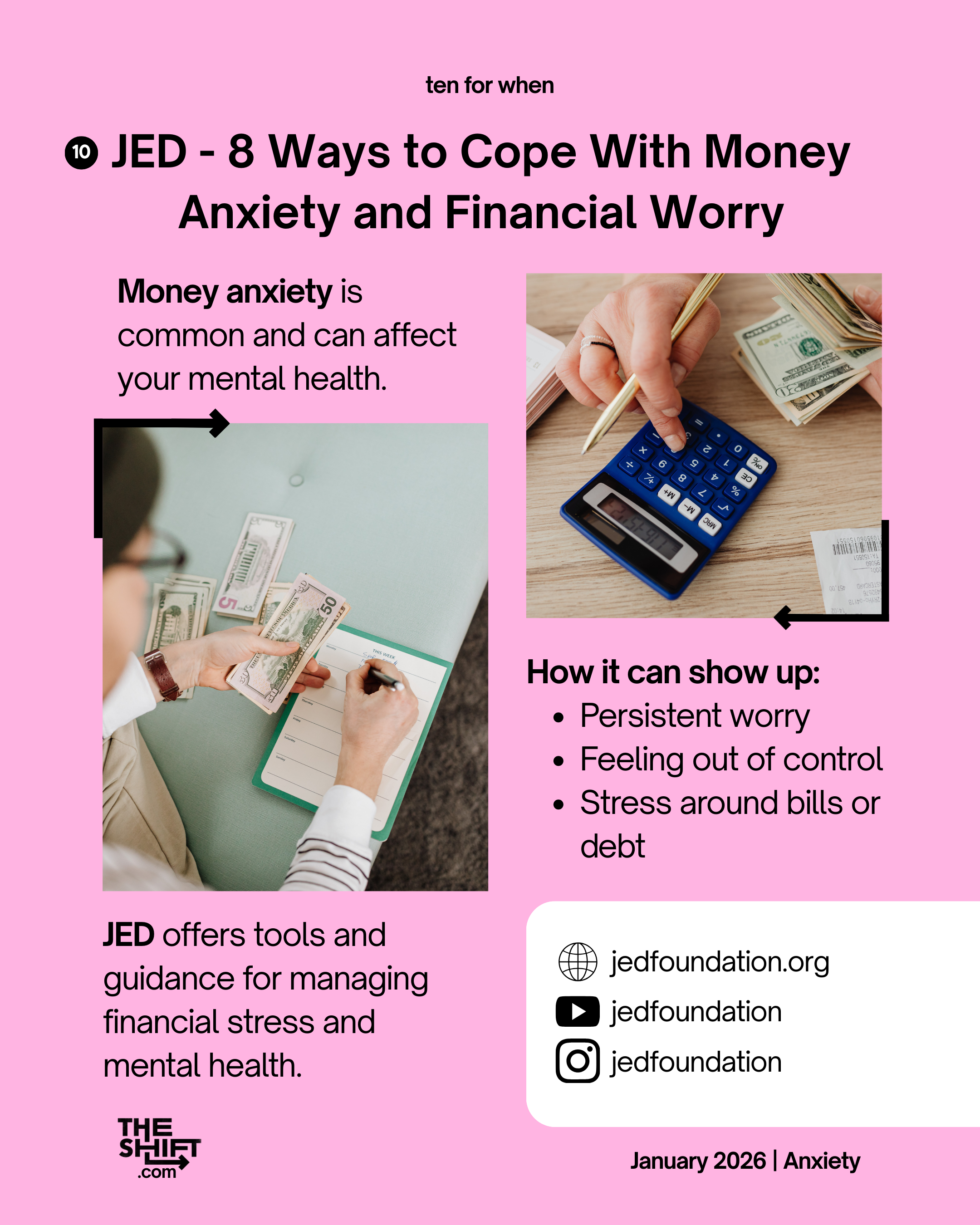 The JED Foundation offers practical guidance for coping with money anxiety and financial stress, emphasizing that these feelings are common and understandable, especially for young people facing real economic pressures. Their tips include recognizing