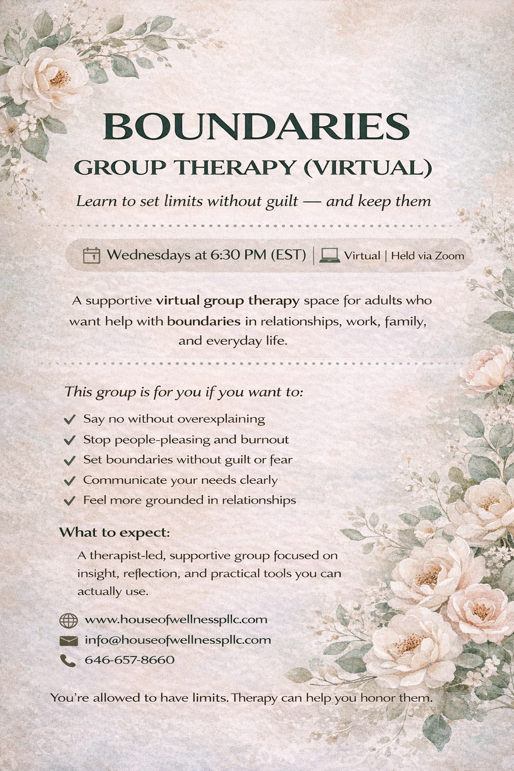 Virtual boundaries group therapy in New York. Learn to set limits, stop people-pleasing, and communicate your needs with confidence. Insurance and sliding scale available.
