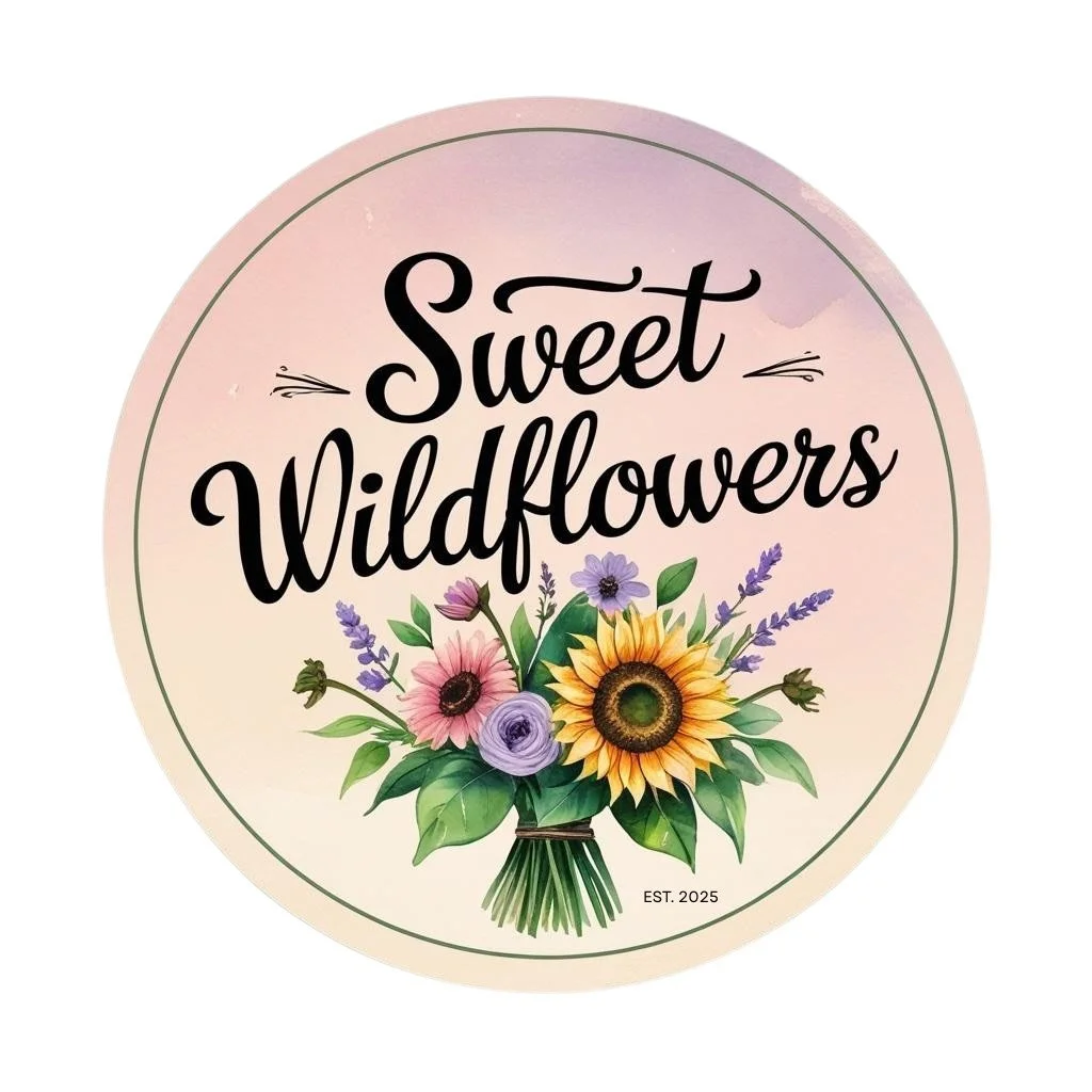 A circular sign with a pastel gradient background, featuring a bouquet of colorful wildflowers including sunflowers, lavender, and pink flowers. The text reads 'Sweet Wildflowers' in cursive, with 'EST. 2025' written at the bottom.