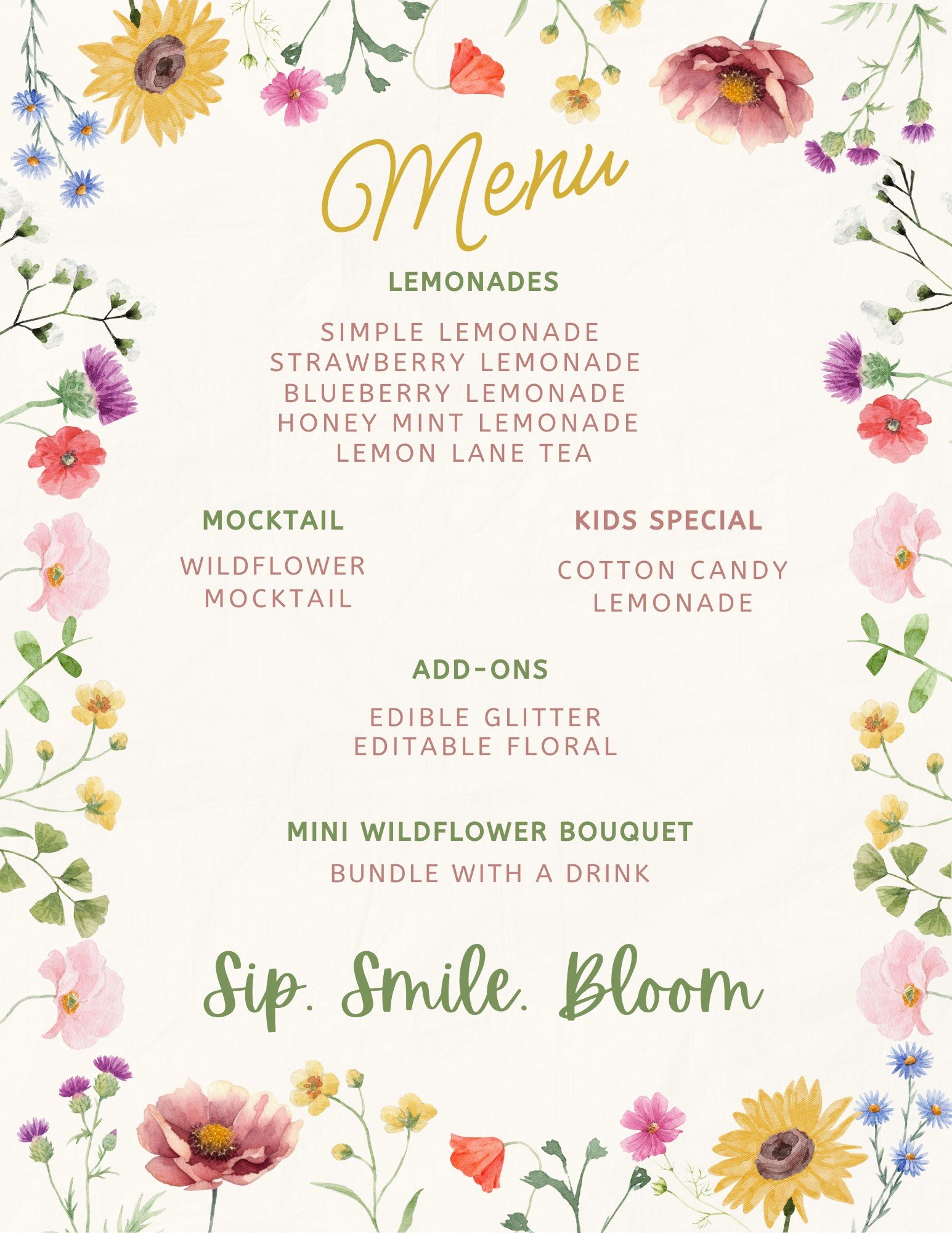 A floral-themed menu featuring various types of lemonades, mocktails, kids drinks, add-ons, and a wildflower bouquet bundle, surrounded by colorful watercolor flowers on a light background.