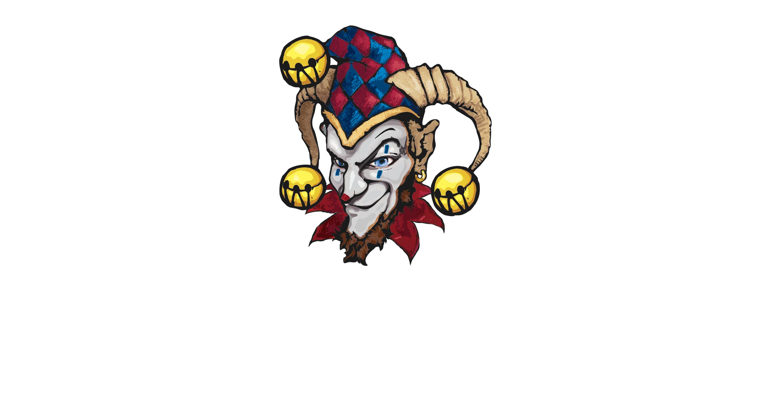 A cartoon jester with elfin features, white face paint, and blue teardrop-shaped makeup. The jester wears a hat with red and blue diamond pattern, adorned with yellow bells, and has a mischievous smile.