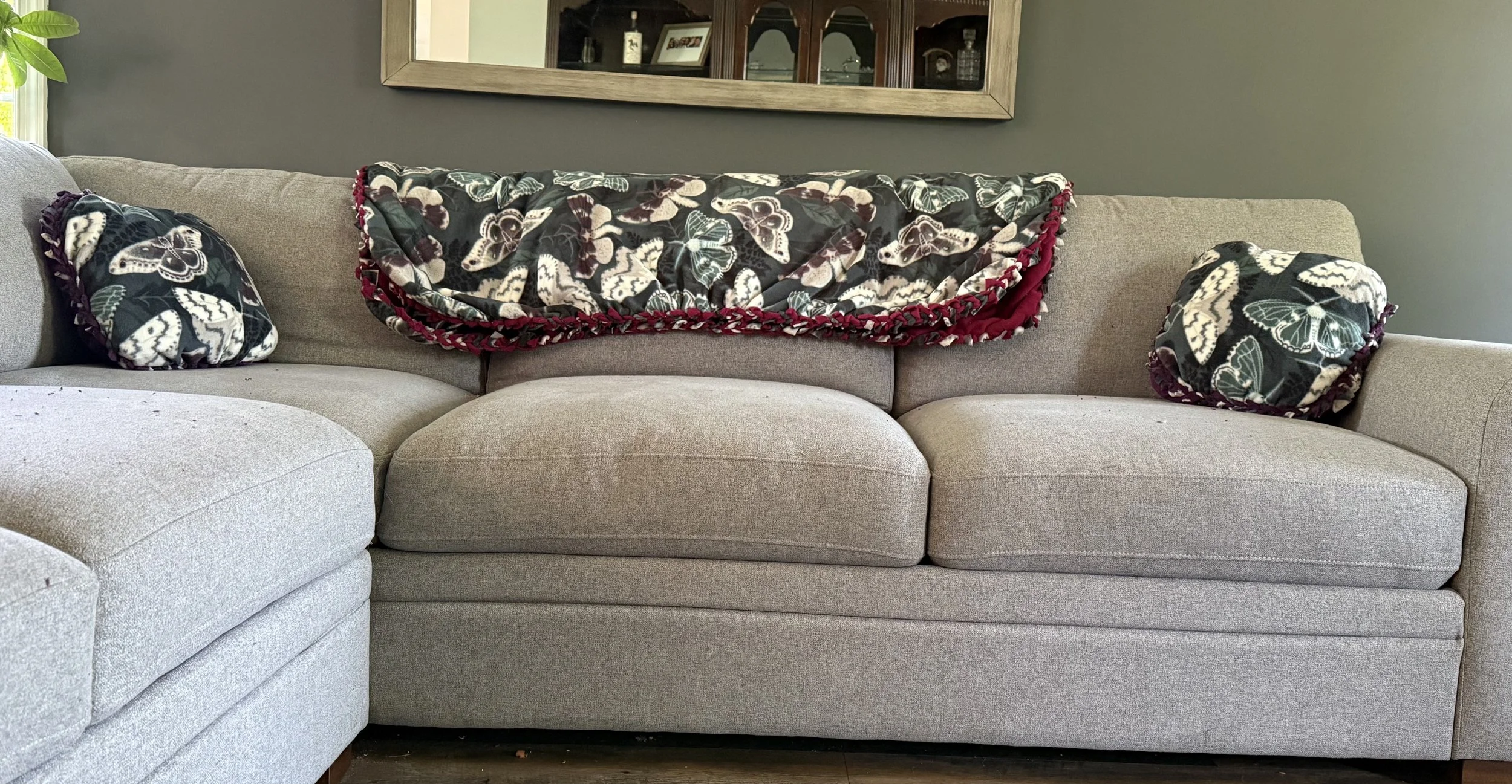 A beige fabric couch with two matching butterfly-patterned pillows and a butterfly-patterned blanket with red trim draped over the back.