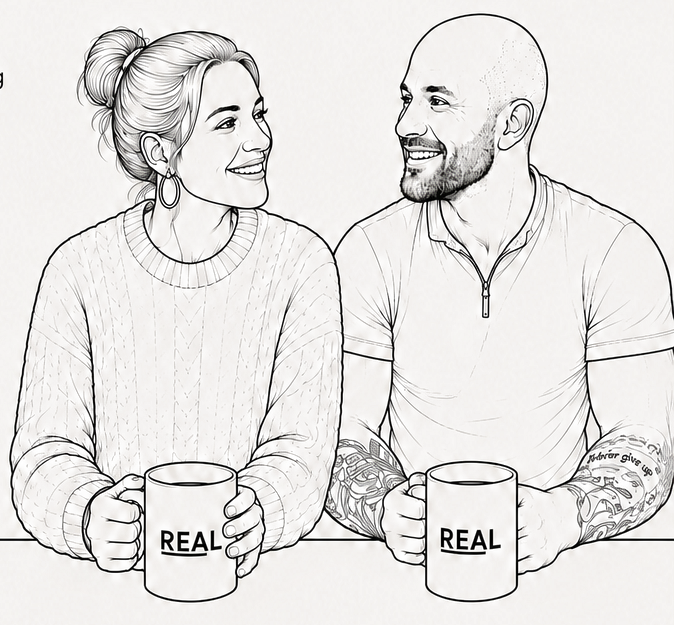 Line drawing of a woman and a man sitting at a table, each holding a mug with the word 'REAL' printed on it, smiling and looking at each other.
