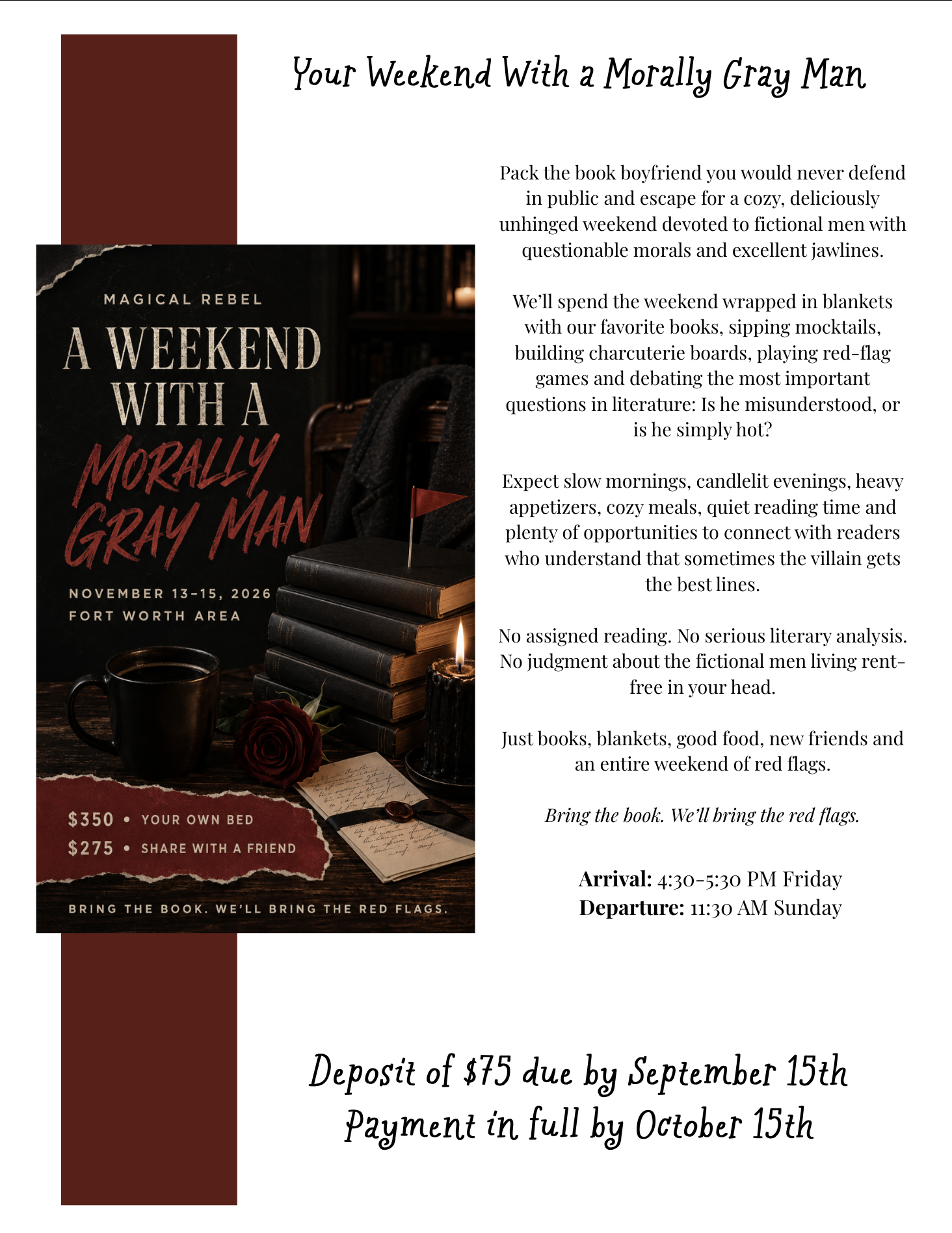 A printed flyer for a book-themed weekend event at Fort Worth area, scheduled for November 13-15, 2026. The flyer features a dark, cozy background with books, a candle, and a red rose. The event includes reading, drinks, and discussion, with details about fees, arrival, and departure times.