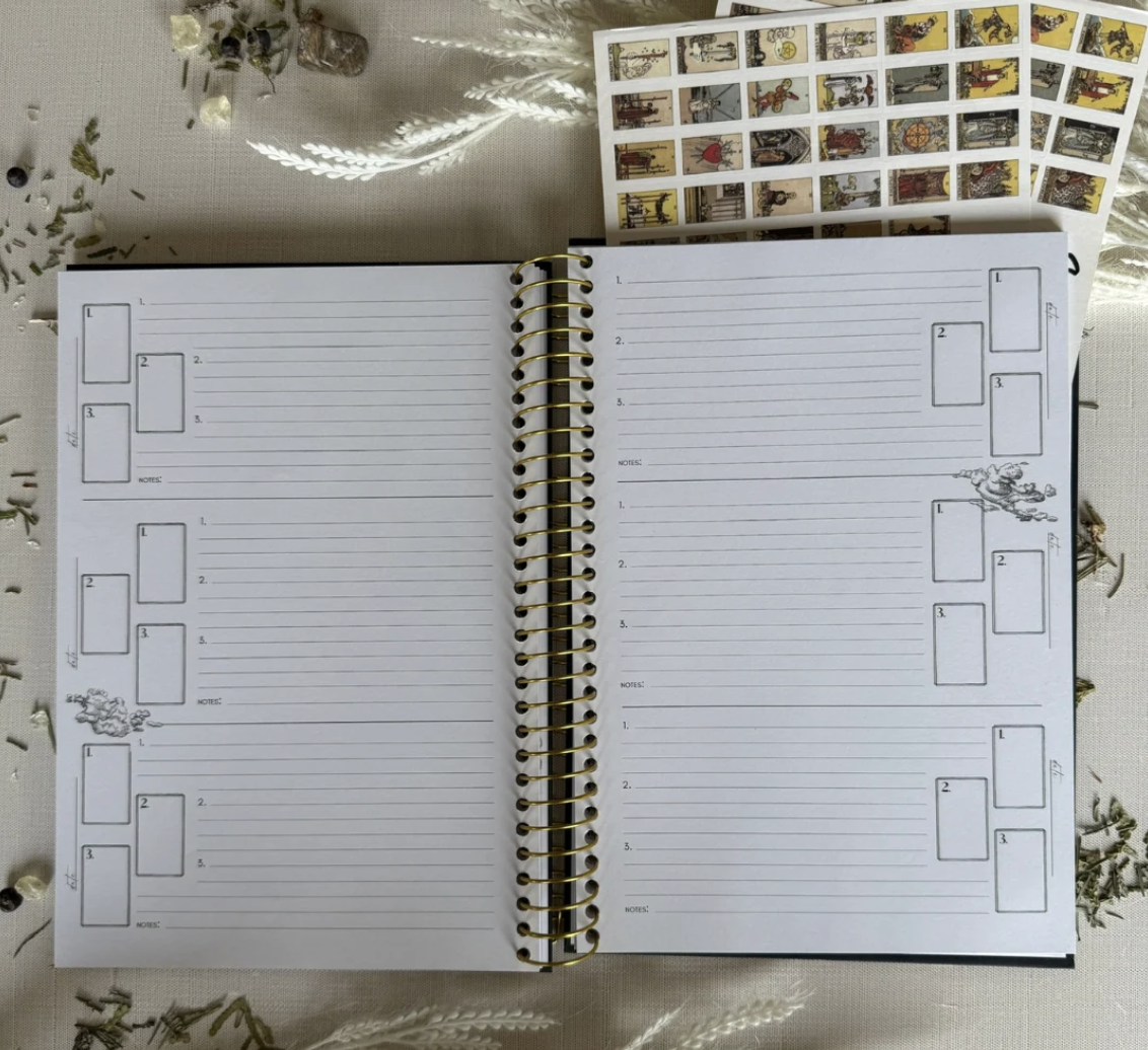 Open planner with blank weekly pages and tarot cards at the top. Behind, decorative dried leaves and flowers on a light-colored table.