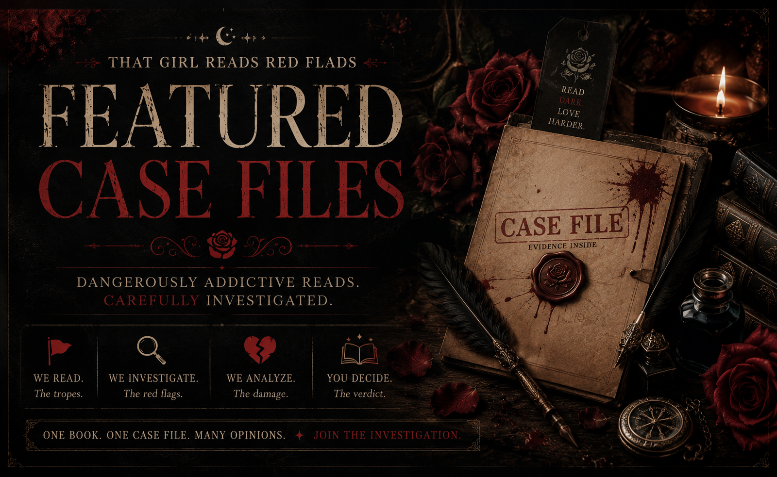 Dark-themed promotional image for detective case files, featuring a vintage case file labeled 'Evidence Inside,' red roses, a lit candle, a quill, ink bottle, old books, and icons representing reading, investigation, analysis, and decision-making.